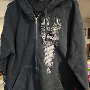 Black Hoodie with Wing and Rose Design